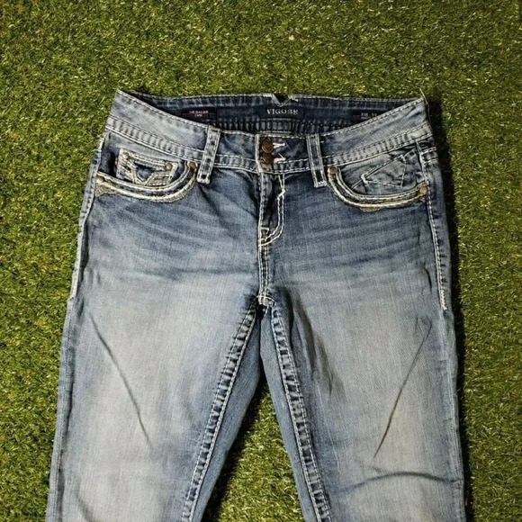 VIGOSS Capri Women Size 7/8 Blue The Dallas Capri Stretch Distressed - Picture 3 of 10